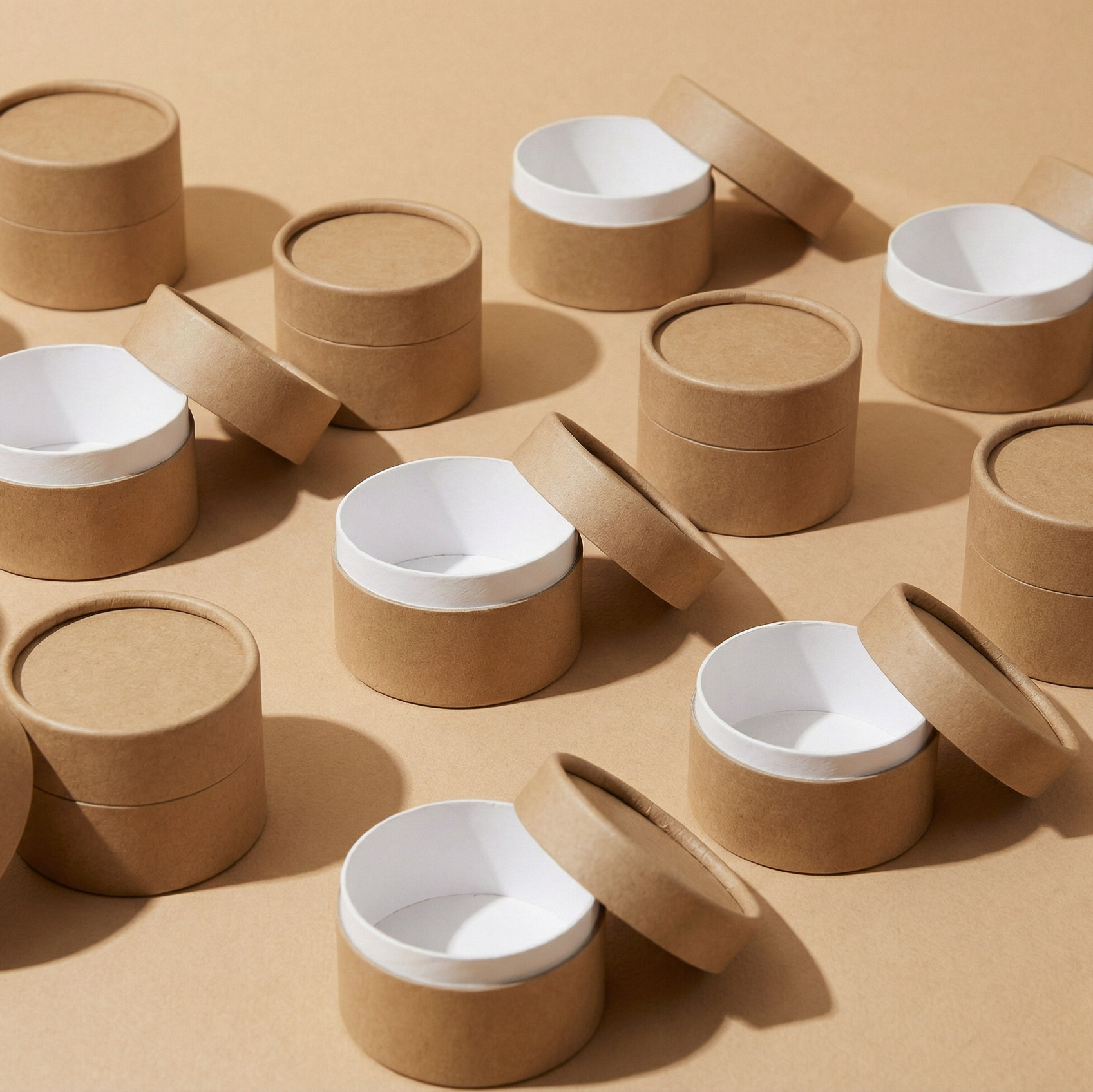 Brown cardboard containers with white interiors on a beige background