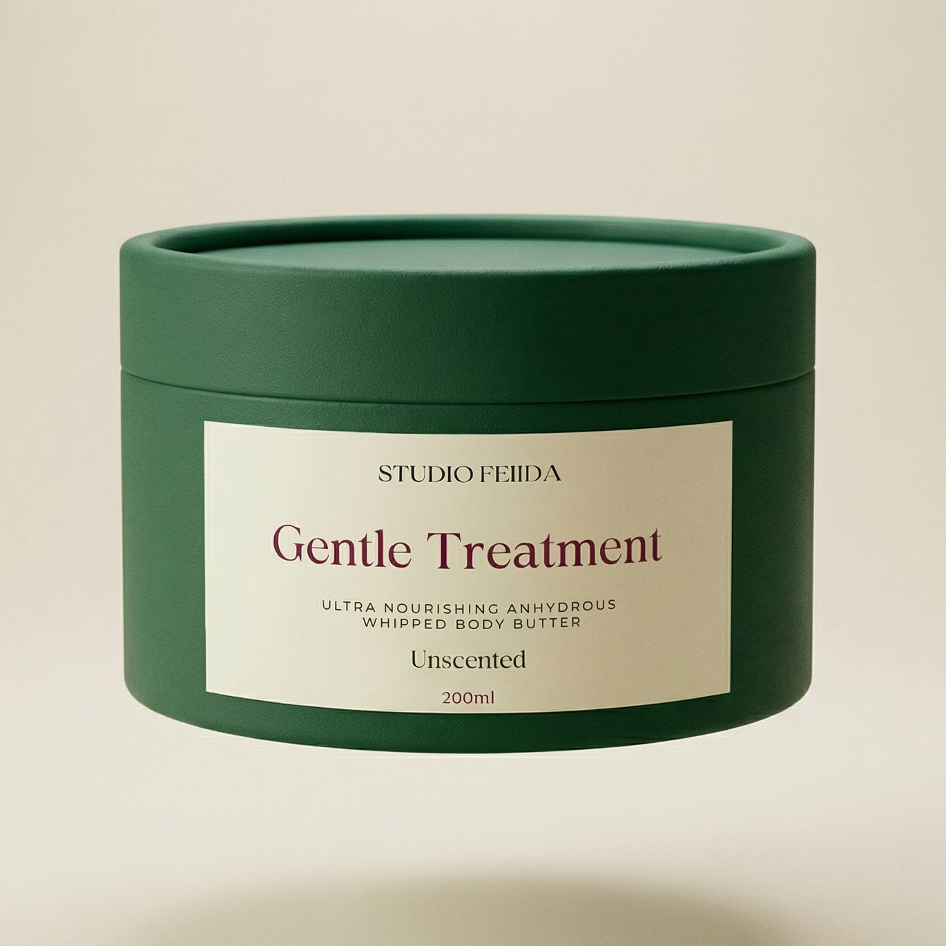 Green jar of 'Gentle Treatment' body butter with a beige label on a beige background