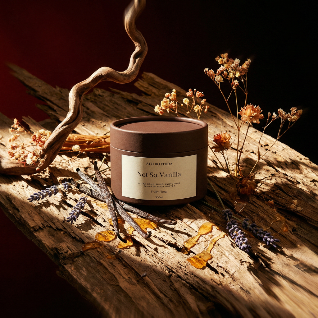 Candle labeled 'Not So Vanilla' on a wooden surface with dried flowers and branches.