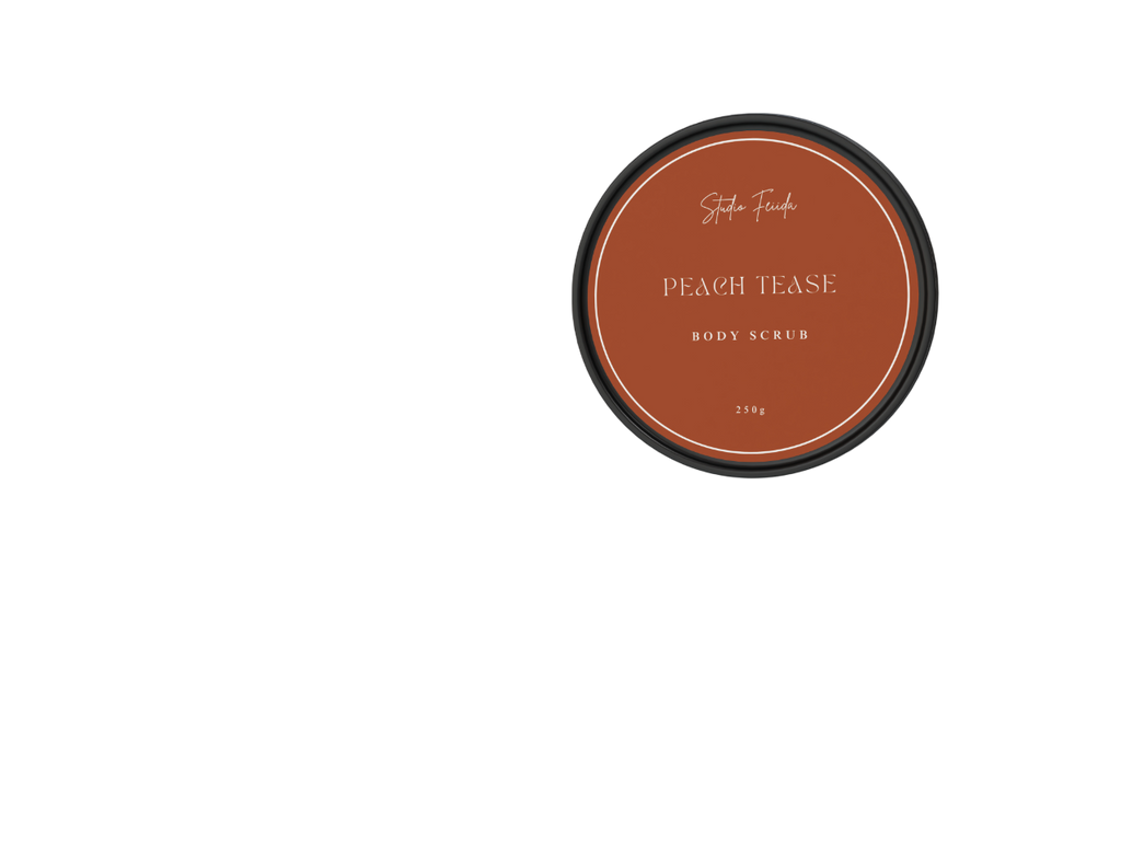 Peach Tease body scrub container on a white background