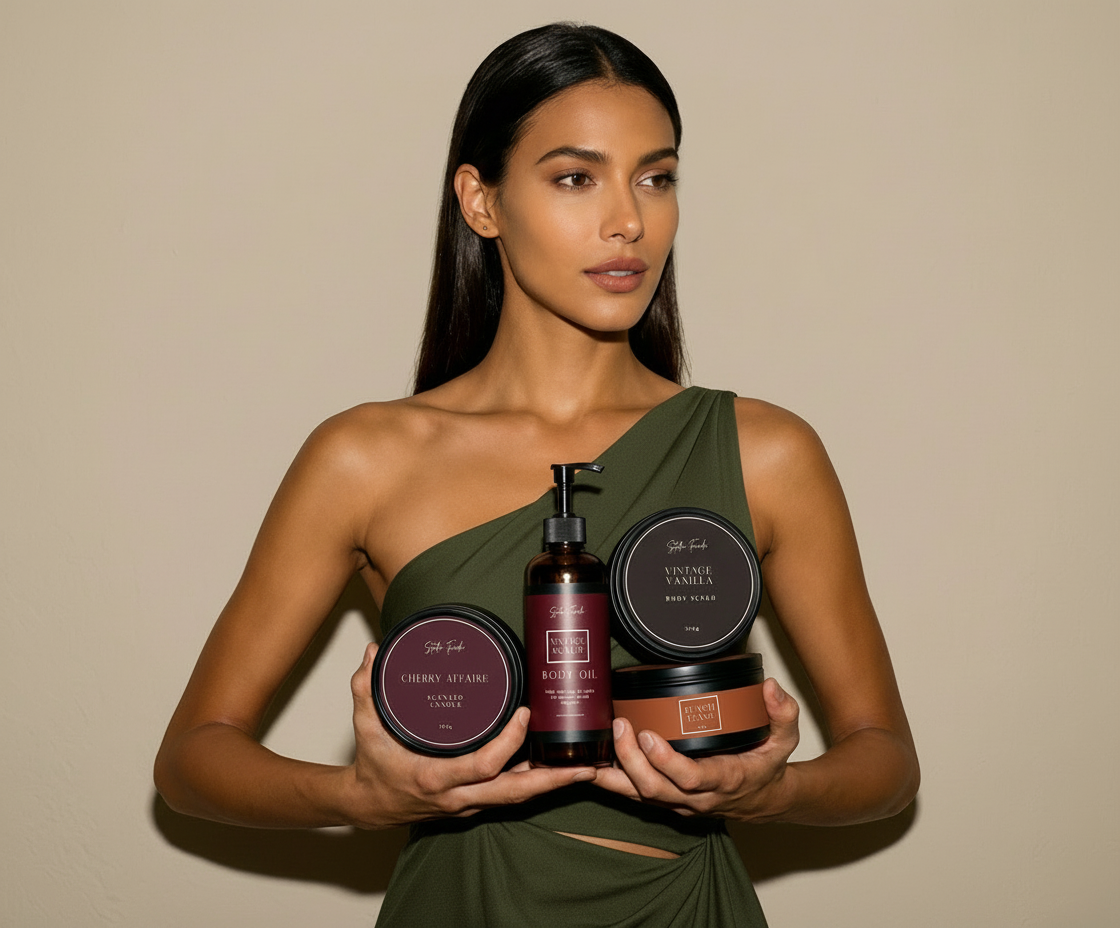 Woman holding various skincare products against a beige background
